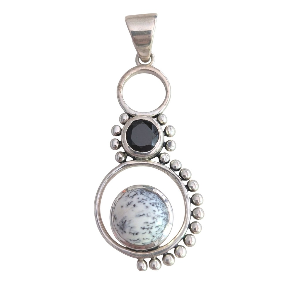 Arya Sterling Silver Dendritic Opal and Gemstone Geometric Beaded Pendant 13g